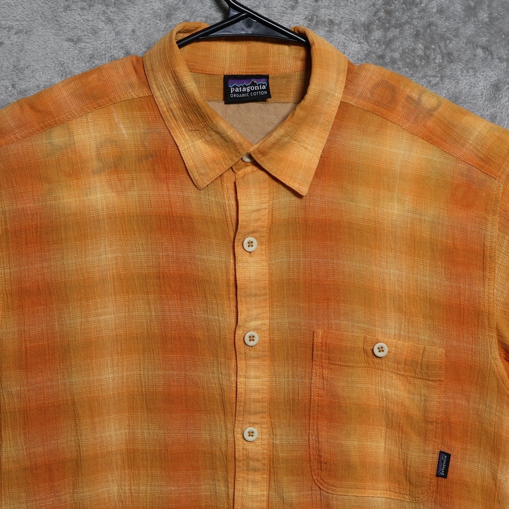 Patagonia Shirt Mens Medium Orange Plaid Organic Cotton Short Sleeve Preppy